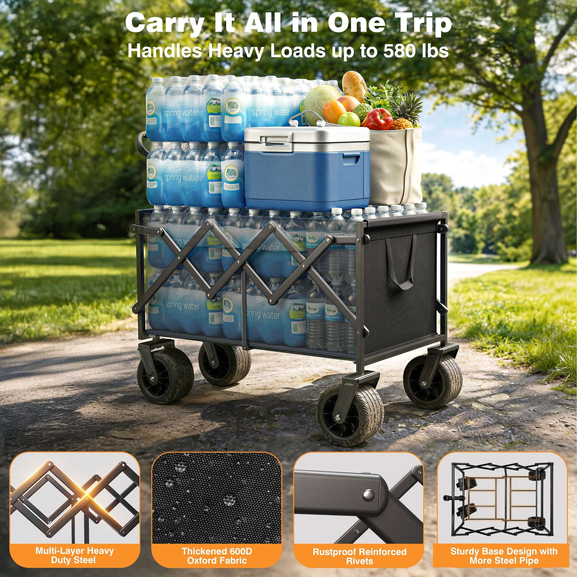 Terrfour Collapsible Wagon Cart with Tank Wheels, 580LBS Heavy Duty Folding Beach Wagon with Side Pocket for Camping Garden Sports Shopping, Black