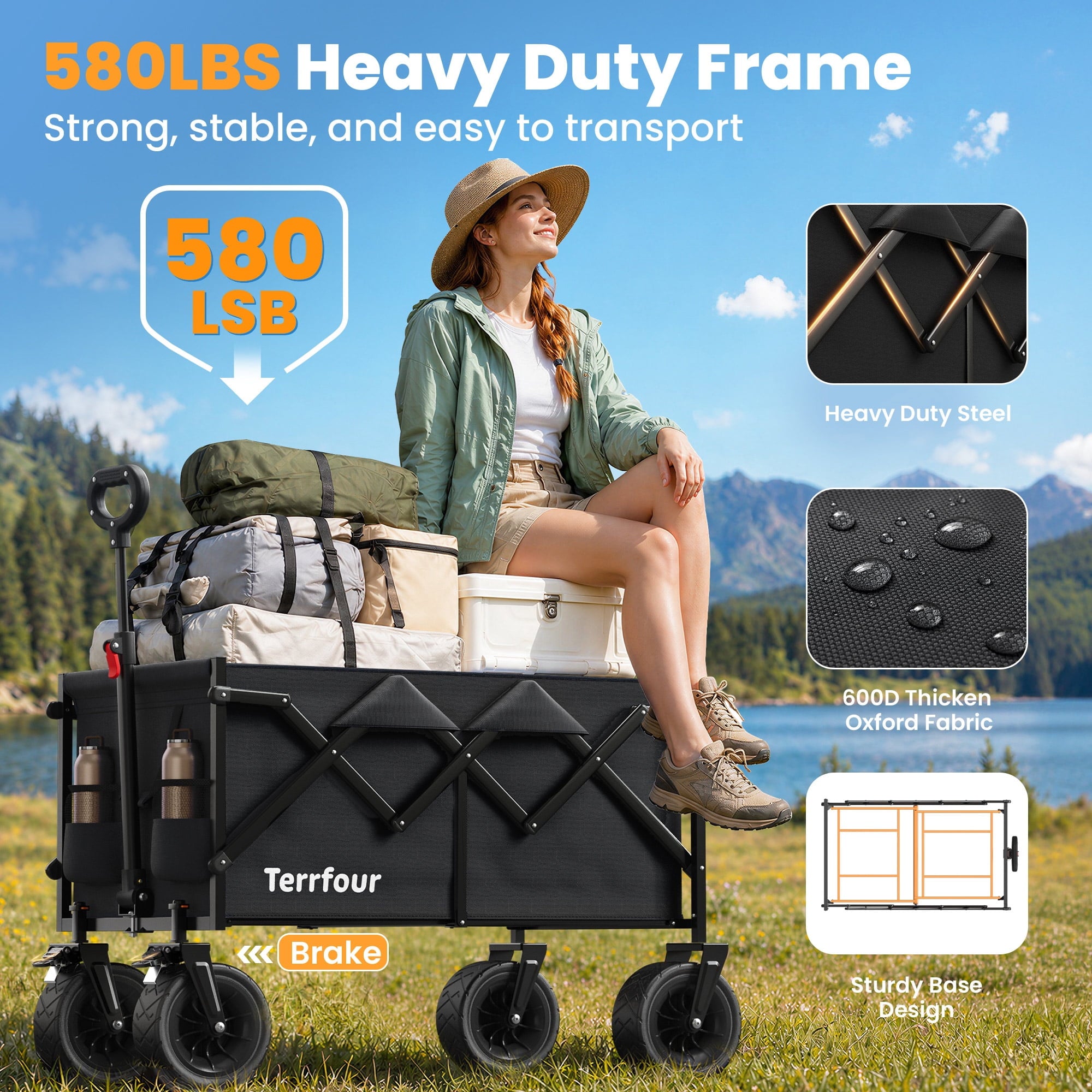 Terrfour Collapsible Folding Wagon, 580LBS Portable Heavy Duty Utility Cart for Grocery, Shopping, Garden, Sports, Camping, Black