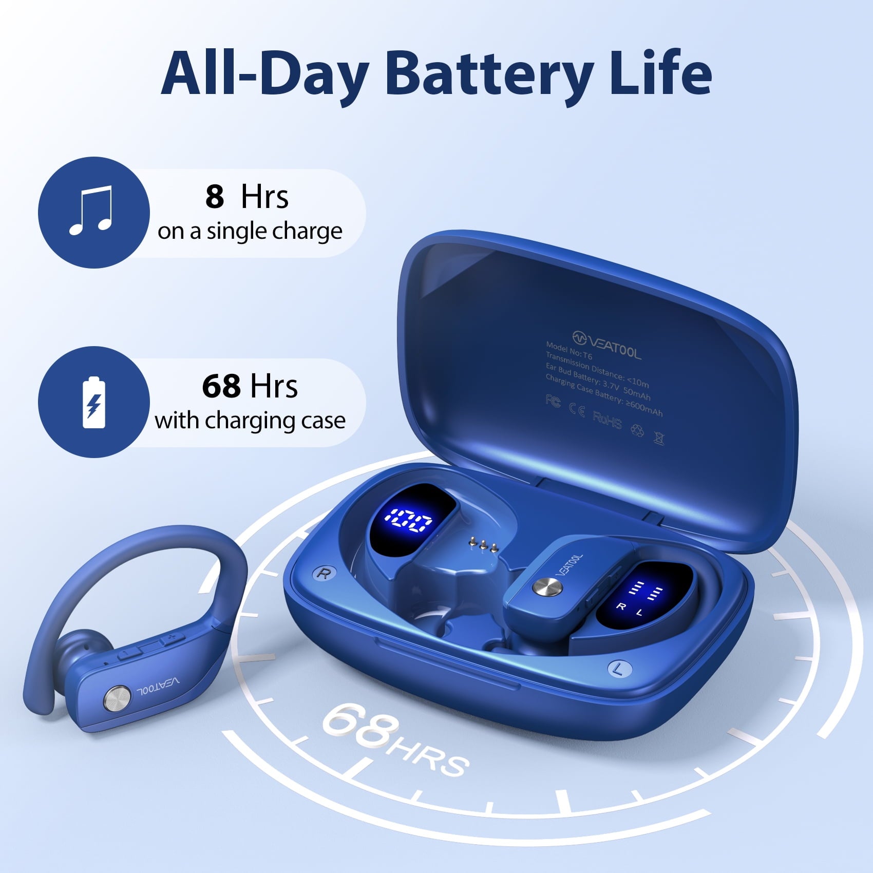 VEAT00L Wireless Earbuds Bluetooth Headphone Sport, Bluetooth 5.4 Earbud, 72Hrs Earphone with Earhook, Noise Cancelling Mic, IP7 Waterproof Headset for Workout/Running